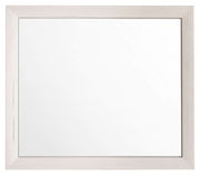 Rechteckiger Wandspiegel mit hellem Holzrahmen, frontal betrachtet.