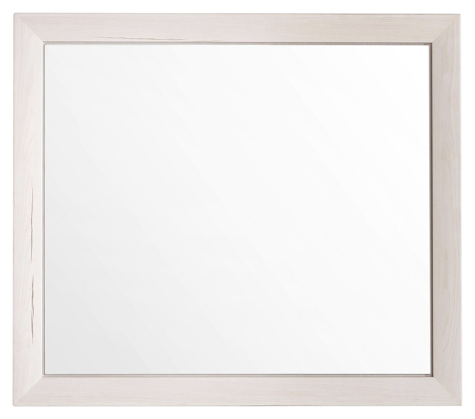 Rechteckiger Wandspiegel mit hellem Holzrahmen, frontal betrachtet.