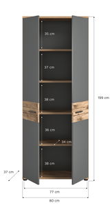 Büroschrank MASON mit grauen Türen und Holzelementen, fünf Fächer, Maße: 199 cm hoch, 80 cm breit, 37 cm tief, Frontansicht.