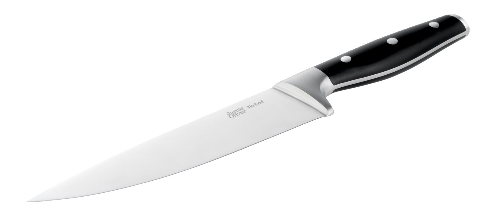 Jamie Oliver by Tefal Küchenmesser mit Edelstahlklinge und schwarzem Griff, freigestellt auf schwarzem Hintergrund, schräg aus seitlicher Perspektive (3/4-Ansicht)