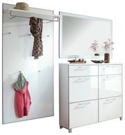 Garderoben-Set 3-tlg. mit Wandpaneel, Spiegel und Schuhschrank in moderner, weißer Hochglanzoptik, seitliche Perspektive