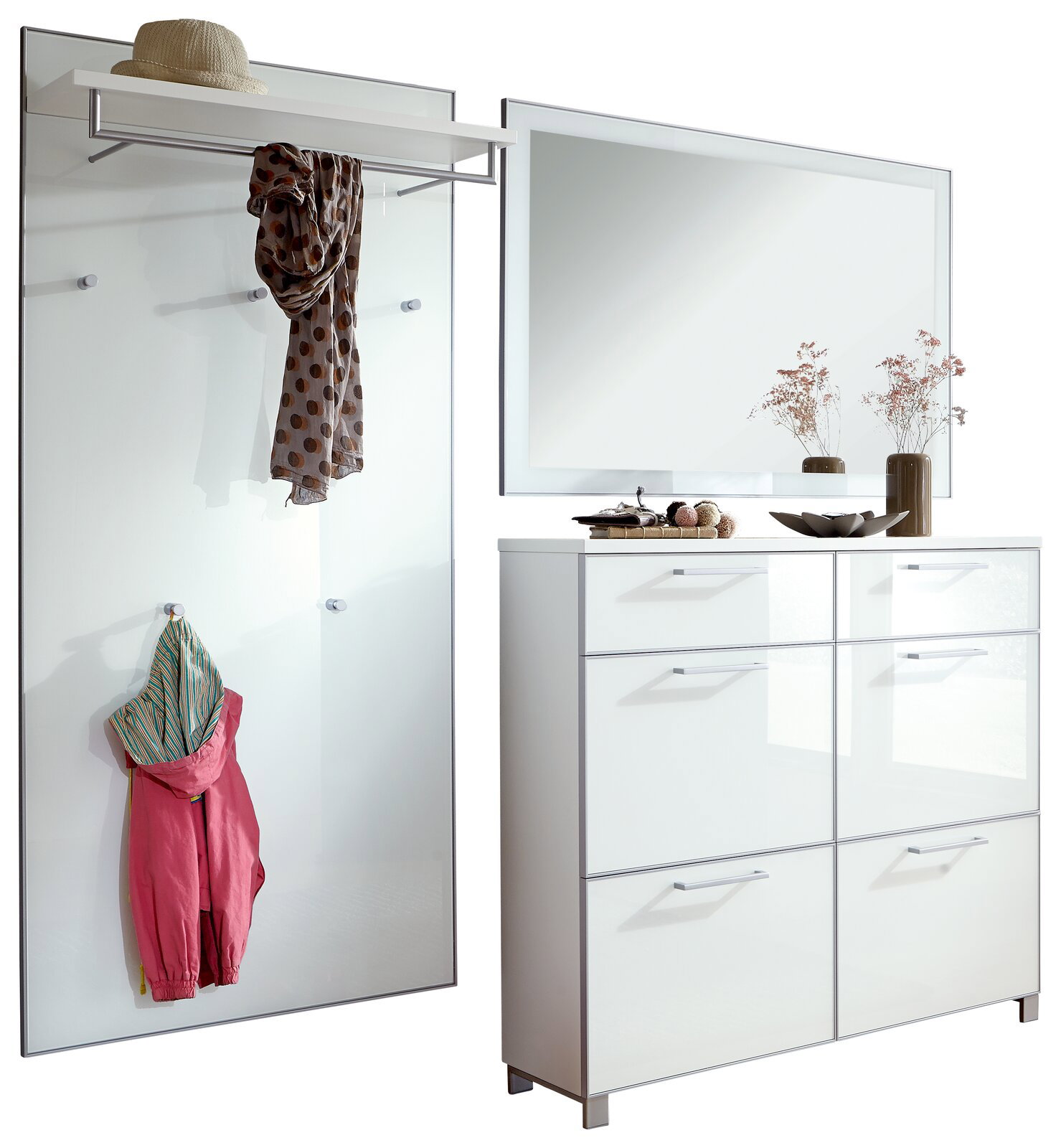 Garderoben-Set 3-tlg. mit Wandpaneel, Spiegel und Schuhschrank in moderner, weißer Hochglanzoptik, seitliche Perspektive
