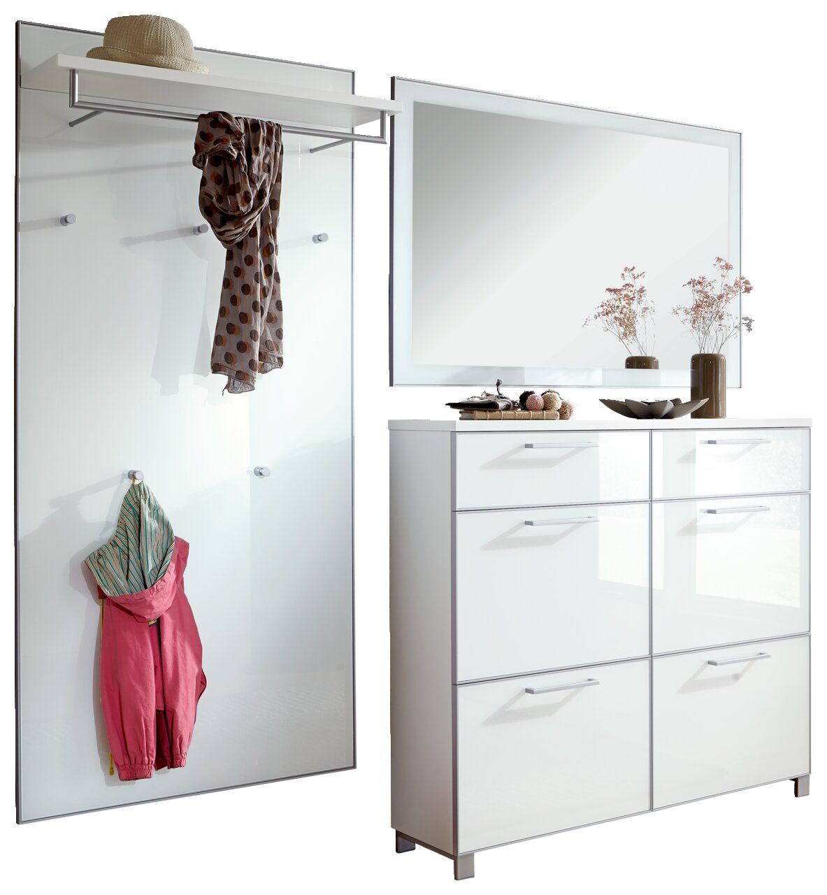 Garderoben-Set 3-tlg. mit Wandpaneel, Spiegel und Schuhschrank in moderner, weißer Hochglanzoptik, seitliche Perspektive