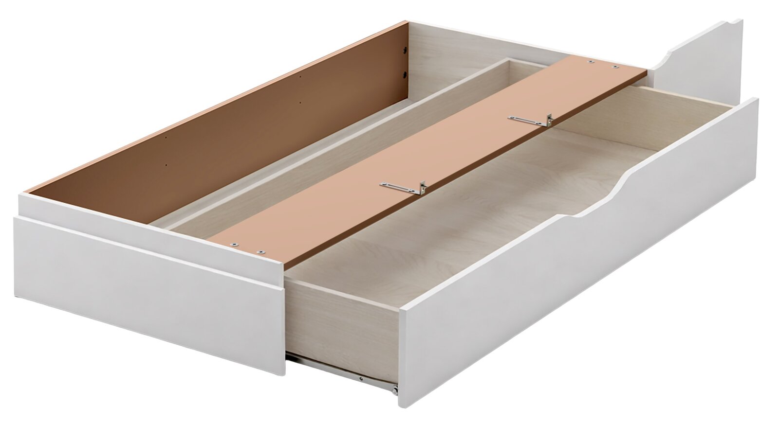 Ausziehbarer Bettkasten/Unterbett-Schublade in Weiß mit Holzoptik-Innenraum und Trennfach, geöffnet dargestellt in schräger Vorderansicht von oben