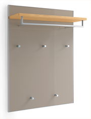 Garderobenpaneel mit Holzablage und Metallhaken, seitliche Perspektive