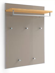 Garderobenpaneel mit Holzablage und Metallhaken, seitliche Perspektive