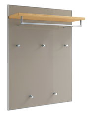Garderobenpaneel mit Holzablage und Metallhaken, seitliche Perspektive