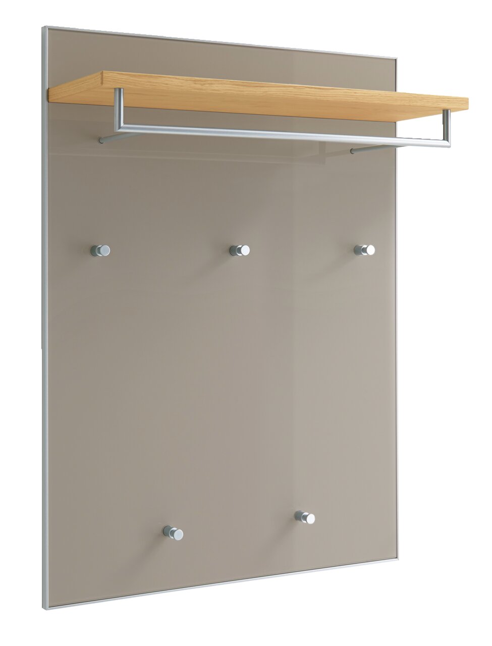 Garderobenpaneel mit Holzablage und Metallhaken, seitliche Perspektive