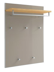 Garderobenpaneel mit Holzablage und Metallhaken, seitliche Perspektive
