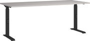 Moderner höhenverstellbarer Schreibtisch mit schwarzem Gestell und grauer Tischplatte, seitliche Perspektive.