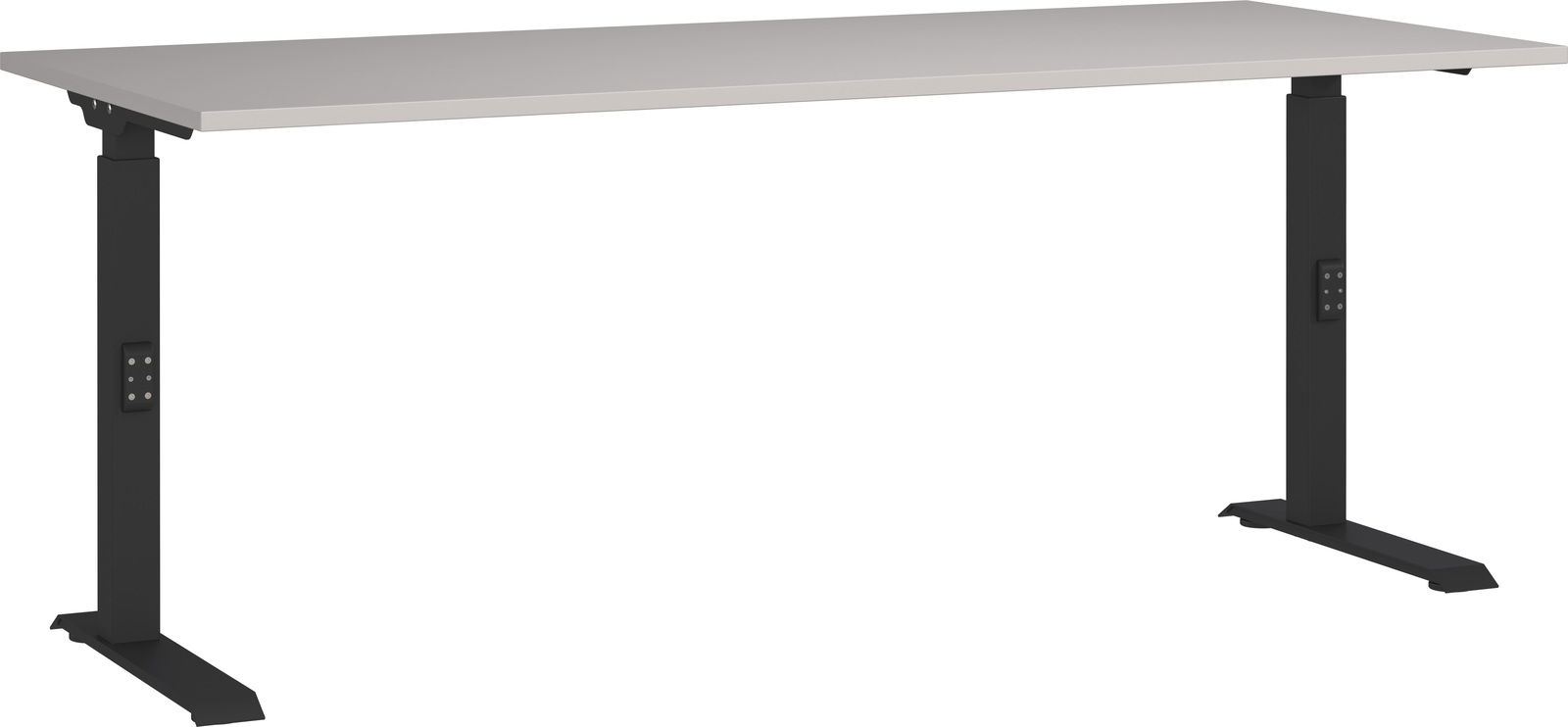 Moderner höhenverstellbarer Schreibtisch mit schwarzem Gestell und grauer Tischplatte, seitliche Perspektive.