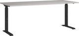 Moderner höhenverstellbarer Schreibtisch mit schwarzem Gestell und grauer Tischplatte, seitliche Perspektive.