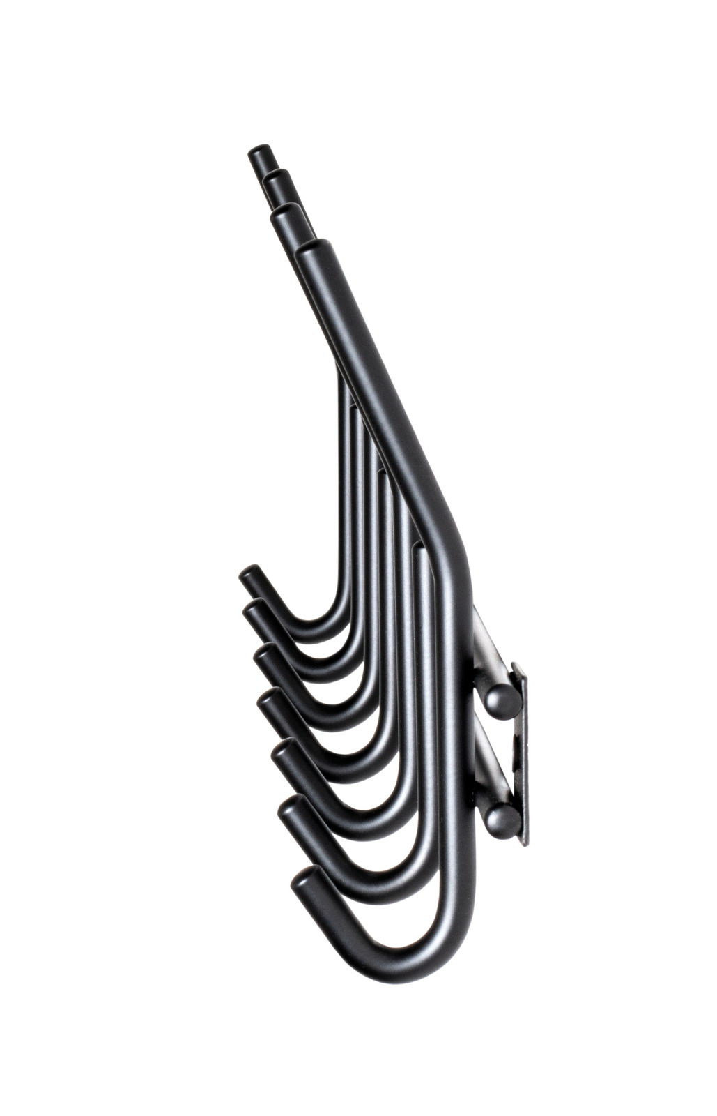 Seitliche Ansicht einer schwarzen Garderobenleiste mit mehreren Haken.