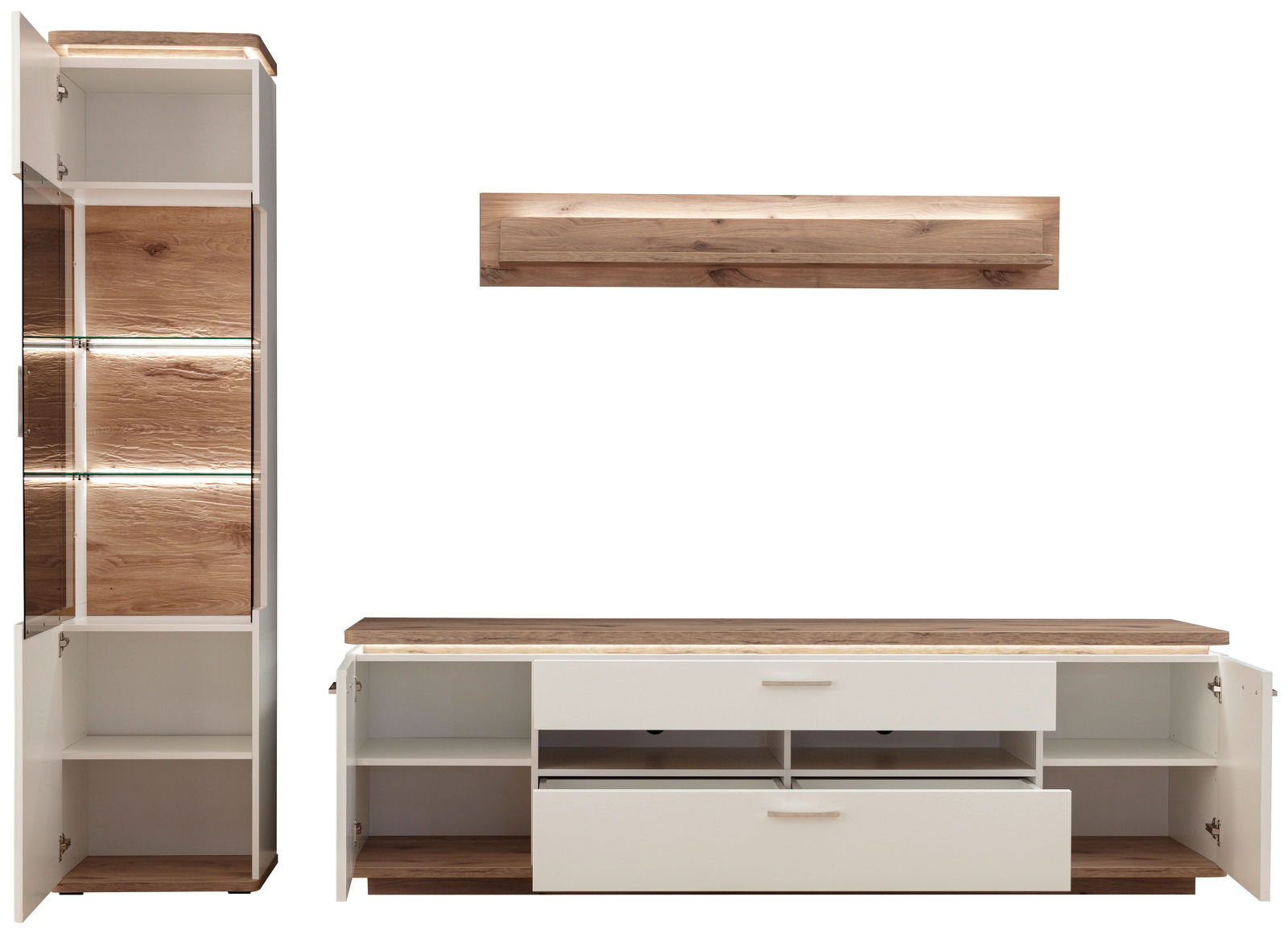 Moderne Wandkombination in Holzoptik mit offenen und geschlossenen Fächern, frontal betrachtet.