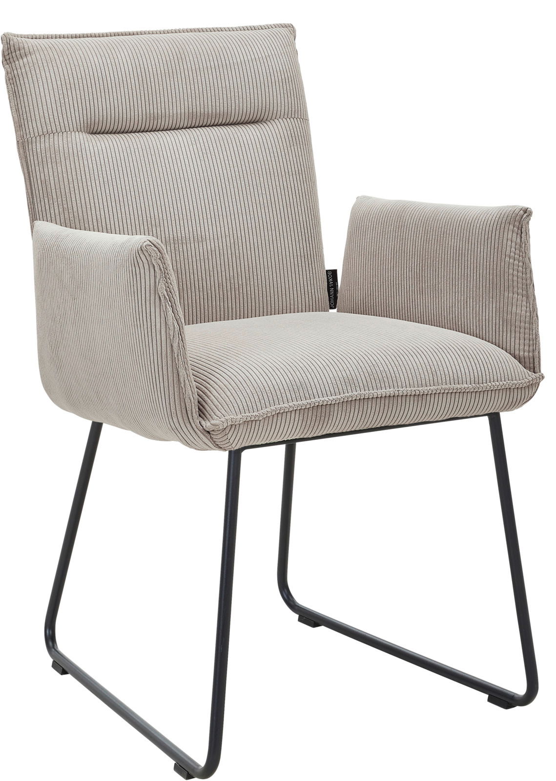 Johann Jakob Armlehnstuhl CALAS Beiger Armlehnstuhl mit gestreiftem Stoffbezug und schwarzen Metallbeinen, seitliche Perspektive