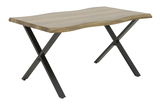 Moderner Esstisch mit natürlicher Holzplatte und schwarzen Metallbeinen in X-Form, seitliche Perspektive.