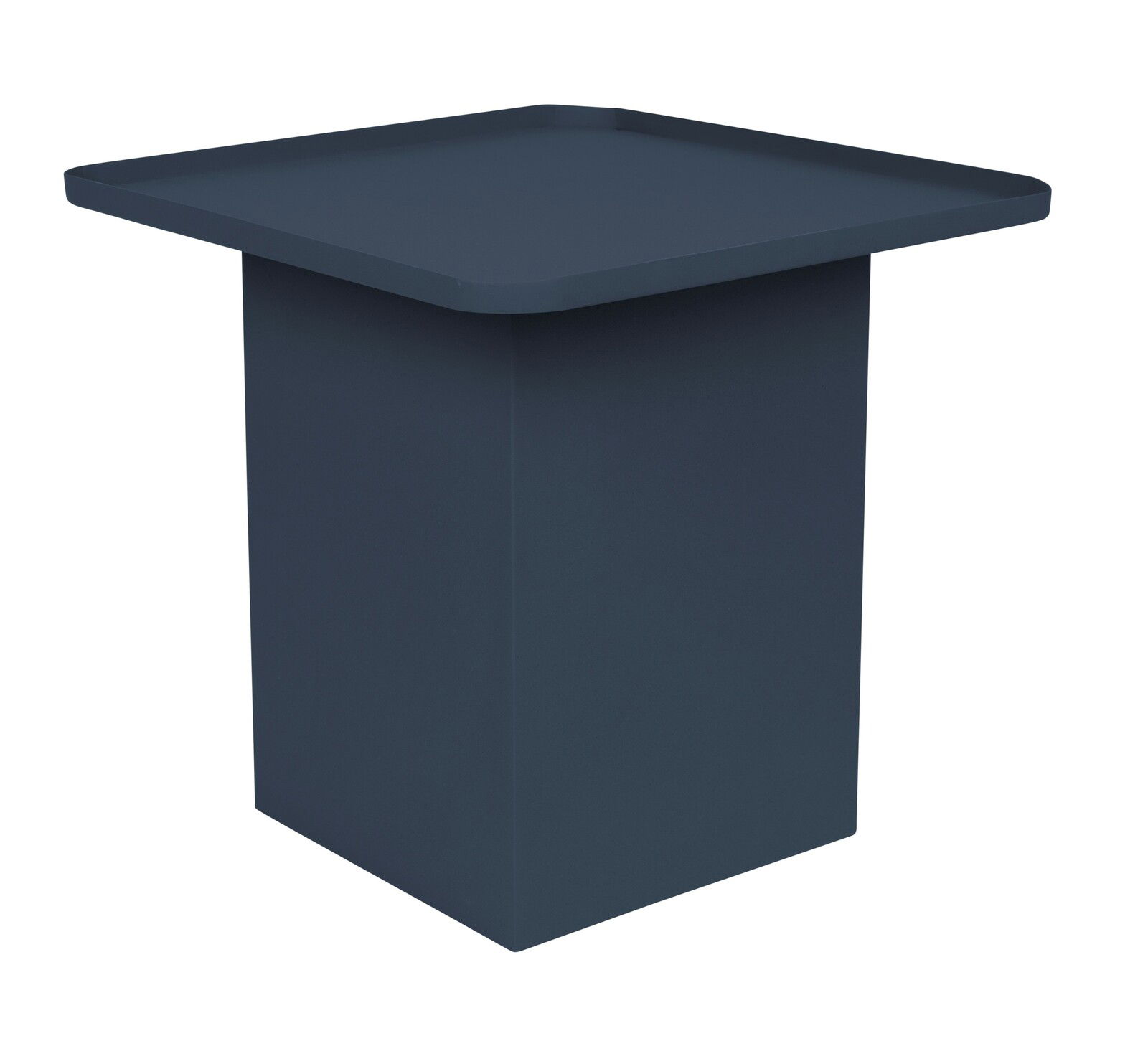 Moderner, dunkelblauer Beistelltisch SVERRE mit quadratischer Tischplatte, aus seitlicher Perspektive fotografiert.