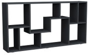 Schwarzes, modernes Regal mit asymmetrischen offenen Fächern, freistehend, in frontaler Perspektive leicht von links auf weißem Hintergrund