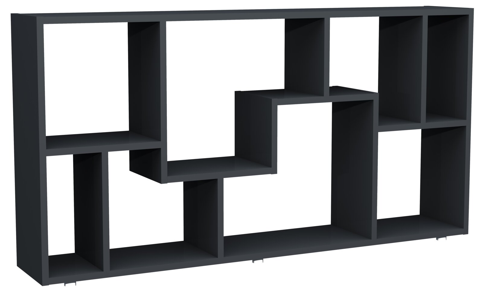 Schwarzes, modernes Regal mit asymmetrischen offenen Fächern, freistehend, in frontaler Perspektive leicht von links auf weißem Hintergrund