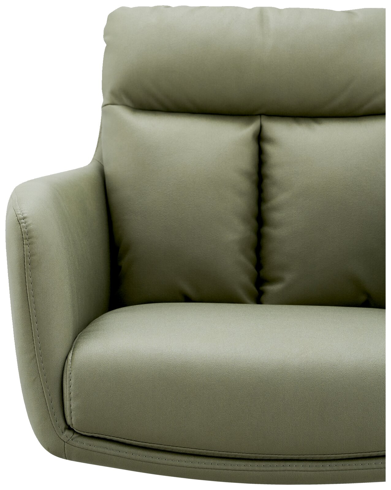 Groene fauteuil, gezien van voren, met zachte bekleding en gebogen armleuningen.