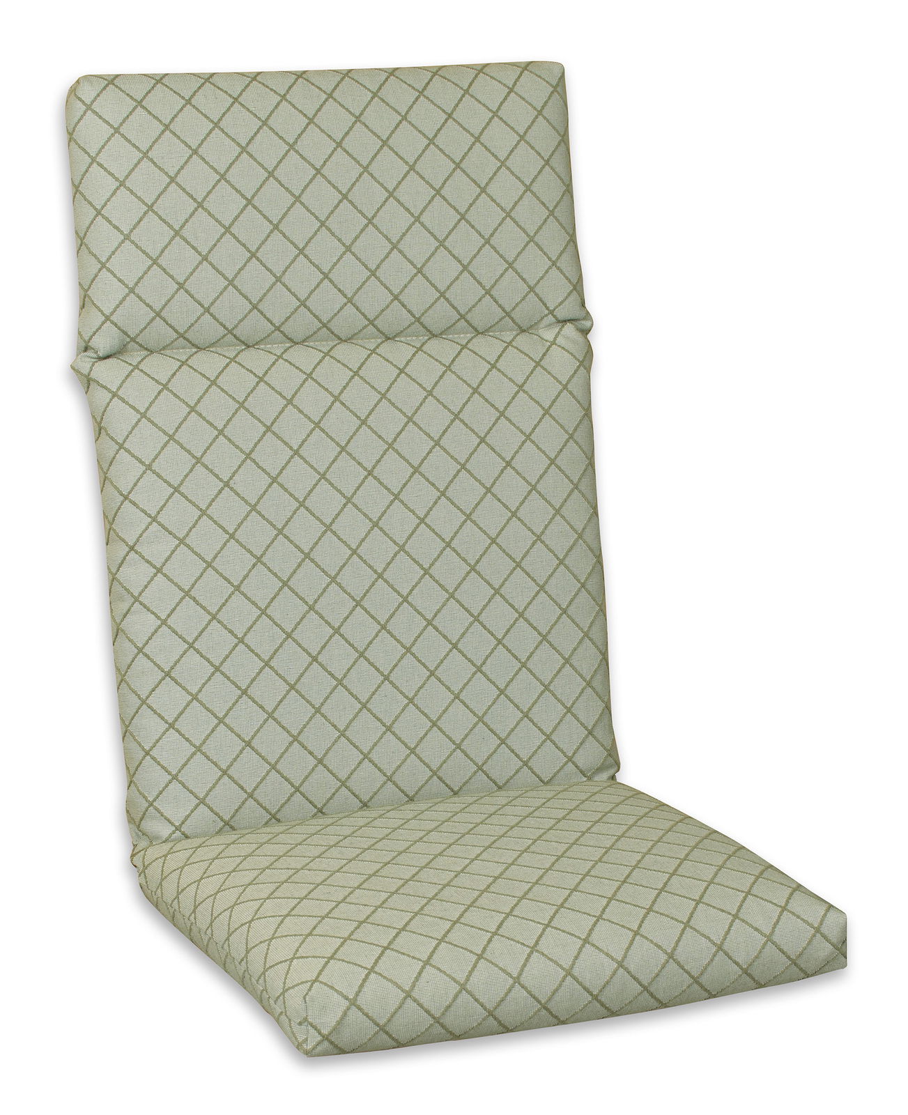 Hochlehnerauflage mit grünem Rautenmuster, seitliche Perspektive
