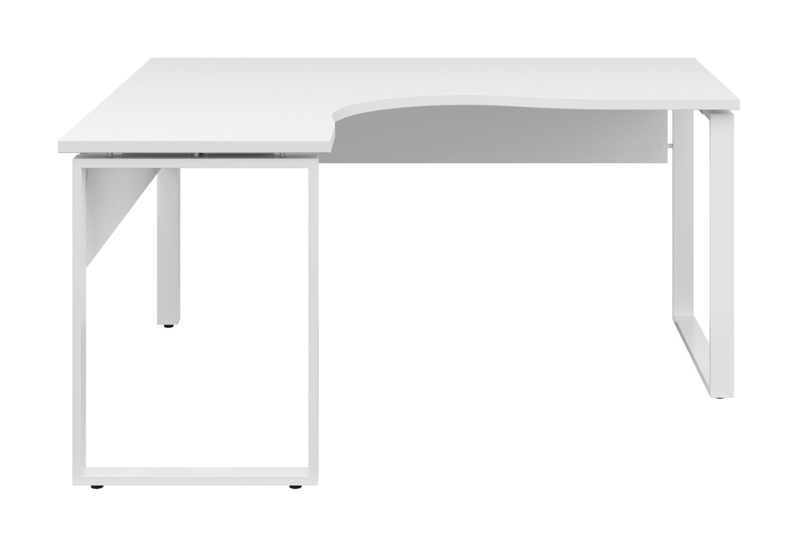 Weißer L-förmiger Eckschreibtisch mit modernem Design, frontal betrachtet.