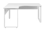 Weißer L-förmiger Eckschreibtisch mit modernem Design, frontal betrachtet.