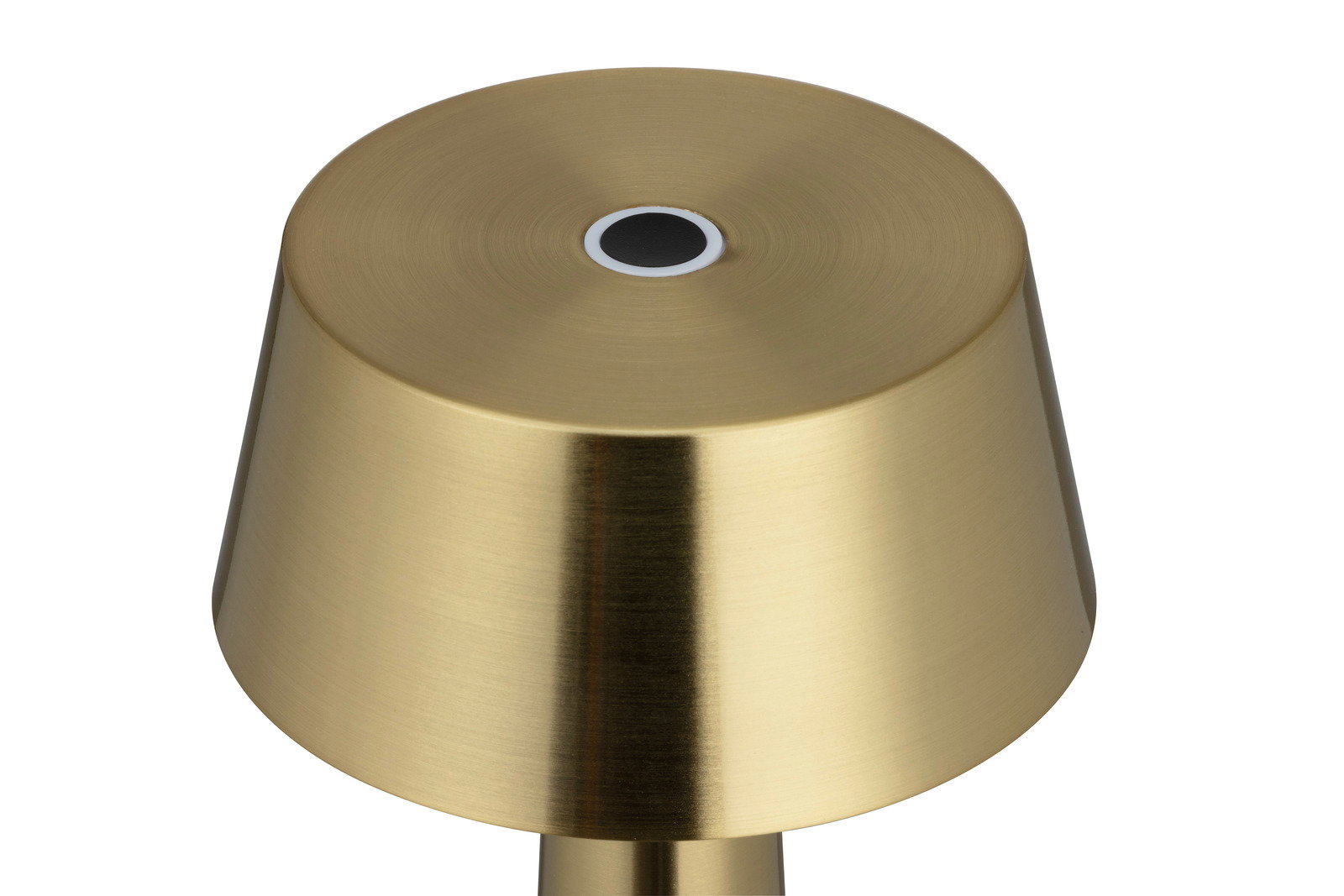 Goldene Akku-Tischleuchte aus der Vogelperspektive mit rundem, glattem Design.