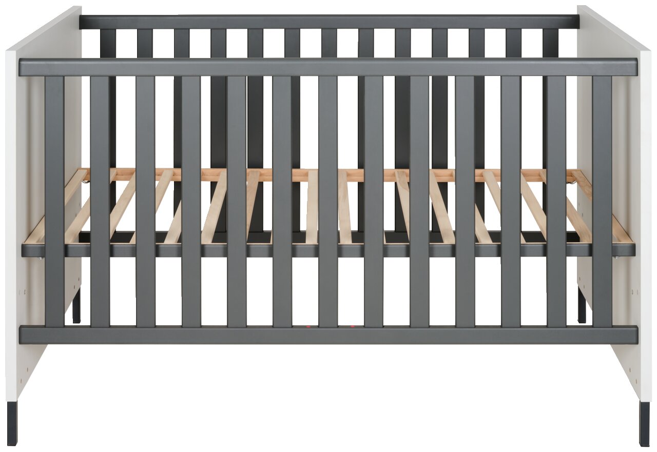 Frontansicht eines modernen Babybetts mit grauen Gitterstäben und weißem Rahmen.