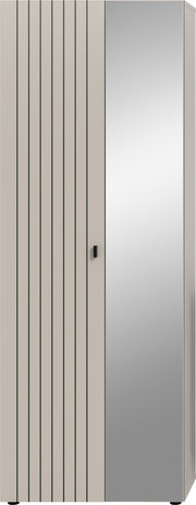 Moderner Kleiderschrank mit zwei Türen, links beigefarben mit vertikalen schwarzen Linien, rechts spiegelnde Front mit schwarzem Griff, Frontansicht mit leichter Seitenperspektive.