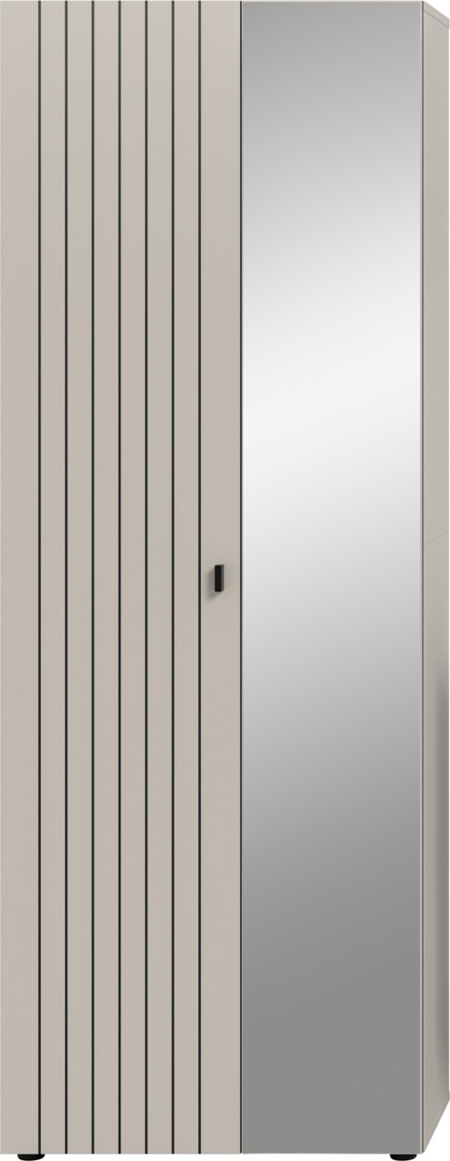 Moderner Kleiderschrank mit zwei Türen, links beigefarben mit vertikalen schwarzen Linien, rechts spiegelnde Front mit schwarzem Griff, Frontansicht mit leichter Seitenperspektive.