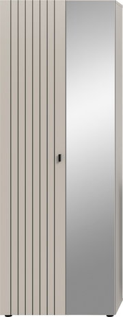 Moderner Kleiderschrank mit zwei Türen, links beigefarben mit vertikalen schwarzen Linien, rechts spiegelnde Front mit schwarzem Griff, Frontansicht mit leichter Seitenperspektive.