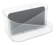 Transparenter Haarwerkzeug-Organizer aus Kunststoff mit grauem Einsatz, seitliche Perspektive.