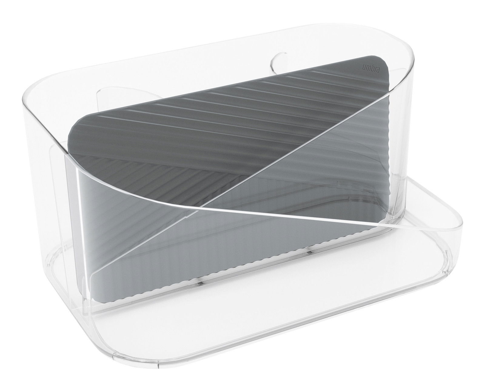 Transparenter Haarwerkzeug-Organizer aus Kunststoff mit grauem Einsatz, seitliche Perspektive.