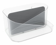 Doorzichtige opberghouder voor haaraccessoires van kunststof met grijze inzet, zijaanzicht.