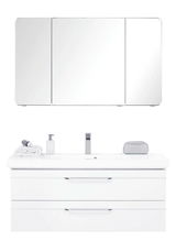 Moderne Badkombination mit Spiegelschrank und Waschbeckenunterschrank, frontal abgebildet.