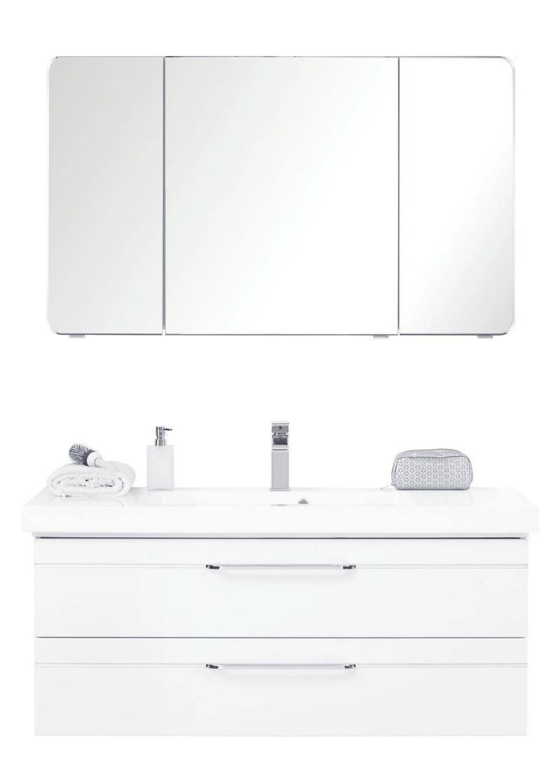 Moderne Badkombination mit Spiegelschrank und Waschbeckenunterschrank, frontal abgebildet.