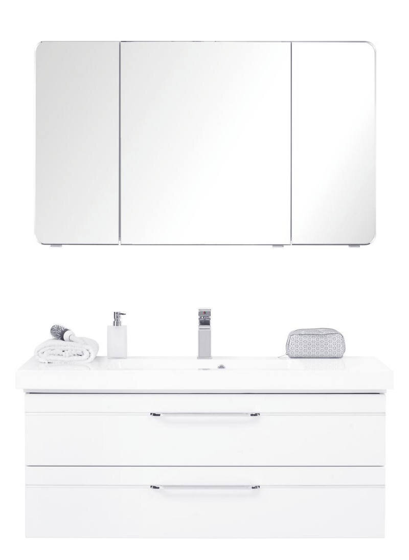 Sadena Badkombination BERN Moderne Badkombination mit Spiegelschrank und Waschbeckenunterschrank, frontal abgebildet.