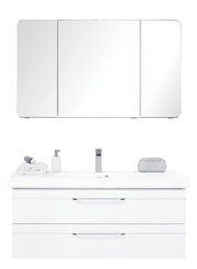 Moderne Badkombination mit Spiegelschrank und Waschbeckenunterschrank, frontal abgebildet.