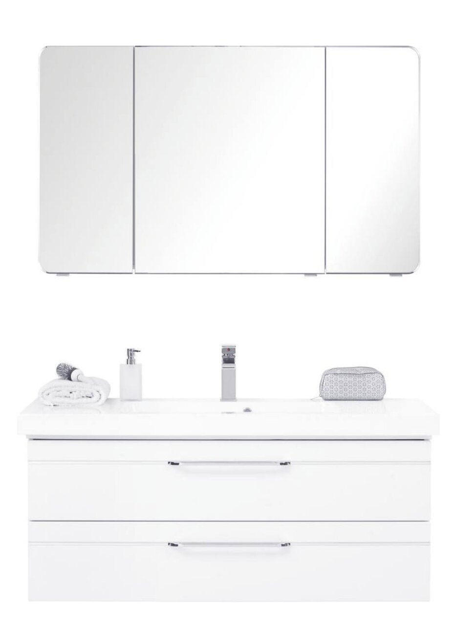 Moderne Badkombination mit Spiegelschrank und Waschbeckenunterschrank, frontal abgebildet.