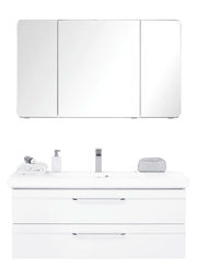 Moderne Badkombination mit Spiegelschrank und Waschbeckenunterschrank, frontal abgebildet.