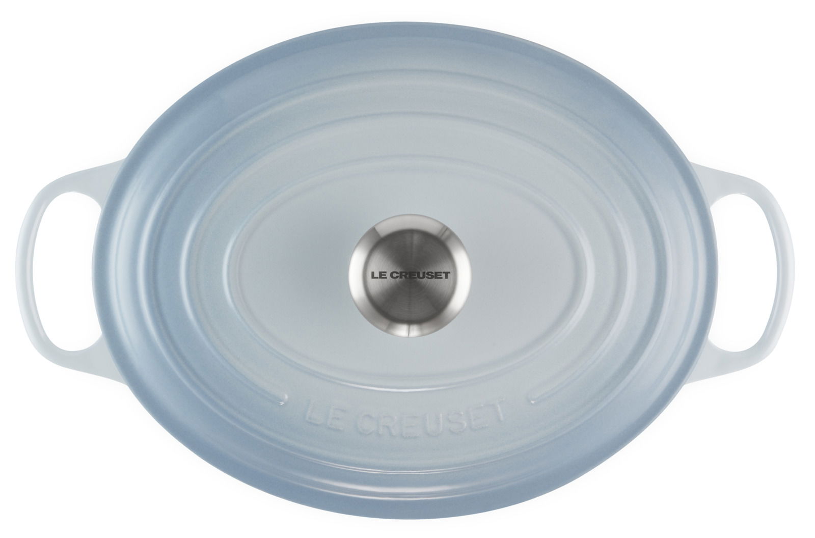 Obere Ansicht eines runden, meerblauen Bräters mit zwei Griffen und einem silbernen Knauf auf dem Deckel, Marke Le Creuset.