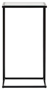 Moderner Beistelltisch mit schwarzem Metallrahmen und Glasplatte, frontal fotografiert.