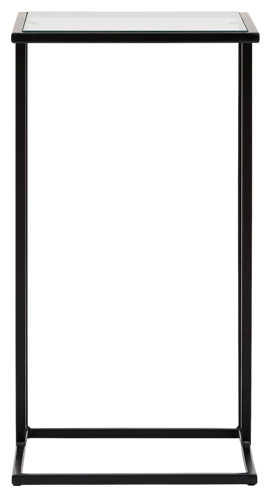 Moderner Beistelltisch mit schwarzem Metallrahmen und Glasplatte, frontal fotografiert.