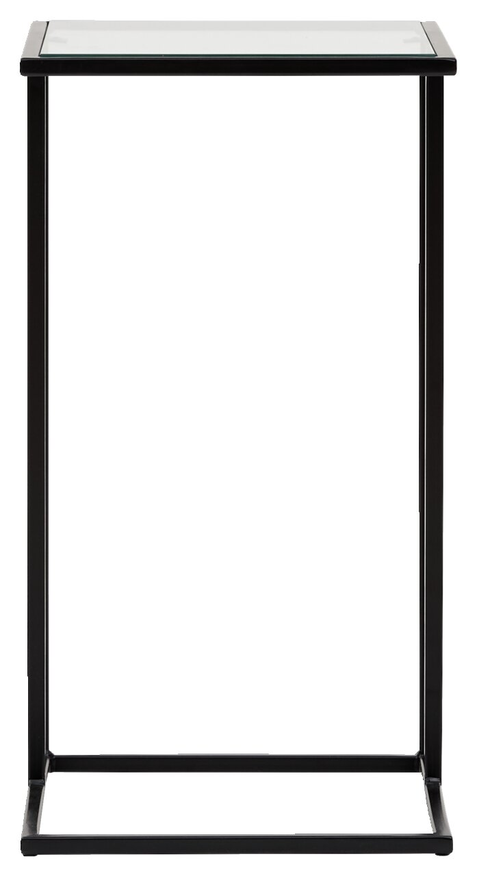 Moderner Beistelltisch mit schwarzem Metallrahmen und Glasplatte, frontal fotografiert.