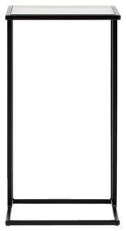 Moderner Beistelltisch mit schwarzem Metallrahmen und Glasplatte, frontal fotografiert.