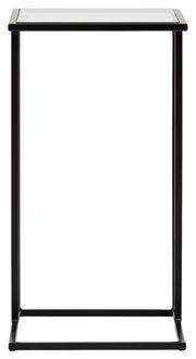 Moderner Beistelltisch mit schwarzem Metallrahmen und Glasplatte, frontal fotografiert.