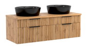 Waschtisch-Set 120 cm mit zwei schwarzen Aufsatzwaschbecken und einem Holzunterschrank mit vertikalen Streifen, Frontalansicht