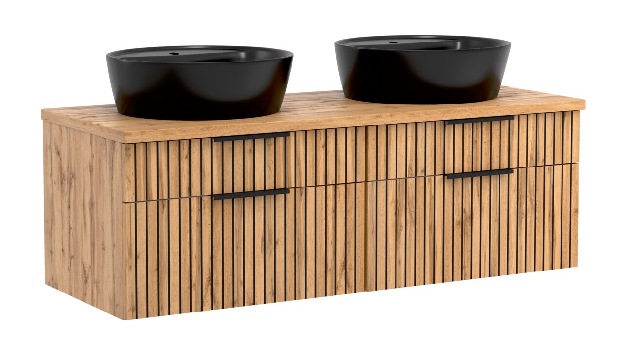 Waschtisch-Set 120 cm mit zwei schwarzen Aufsatzwaschbecken und einem Holzunterschrank mit vertikalen Streifen, Frontalansicht