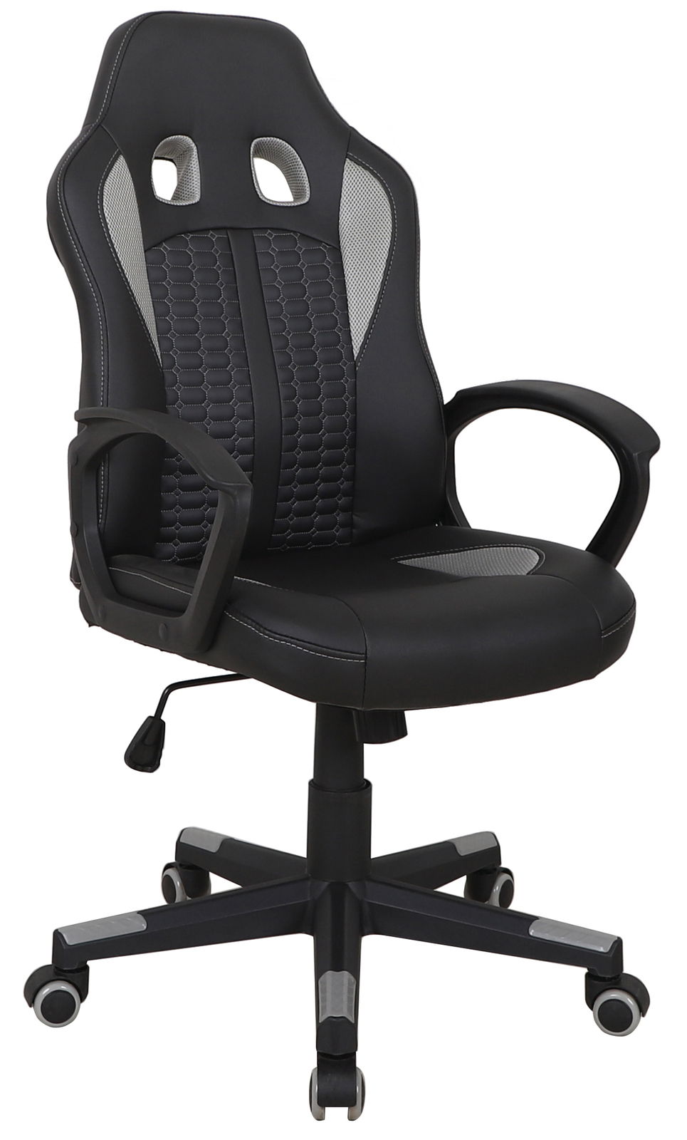 Schwarzer Gaming-Stuhl mit ergonomischem Design, Armlehnen und Rollen, Vorderansicht